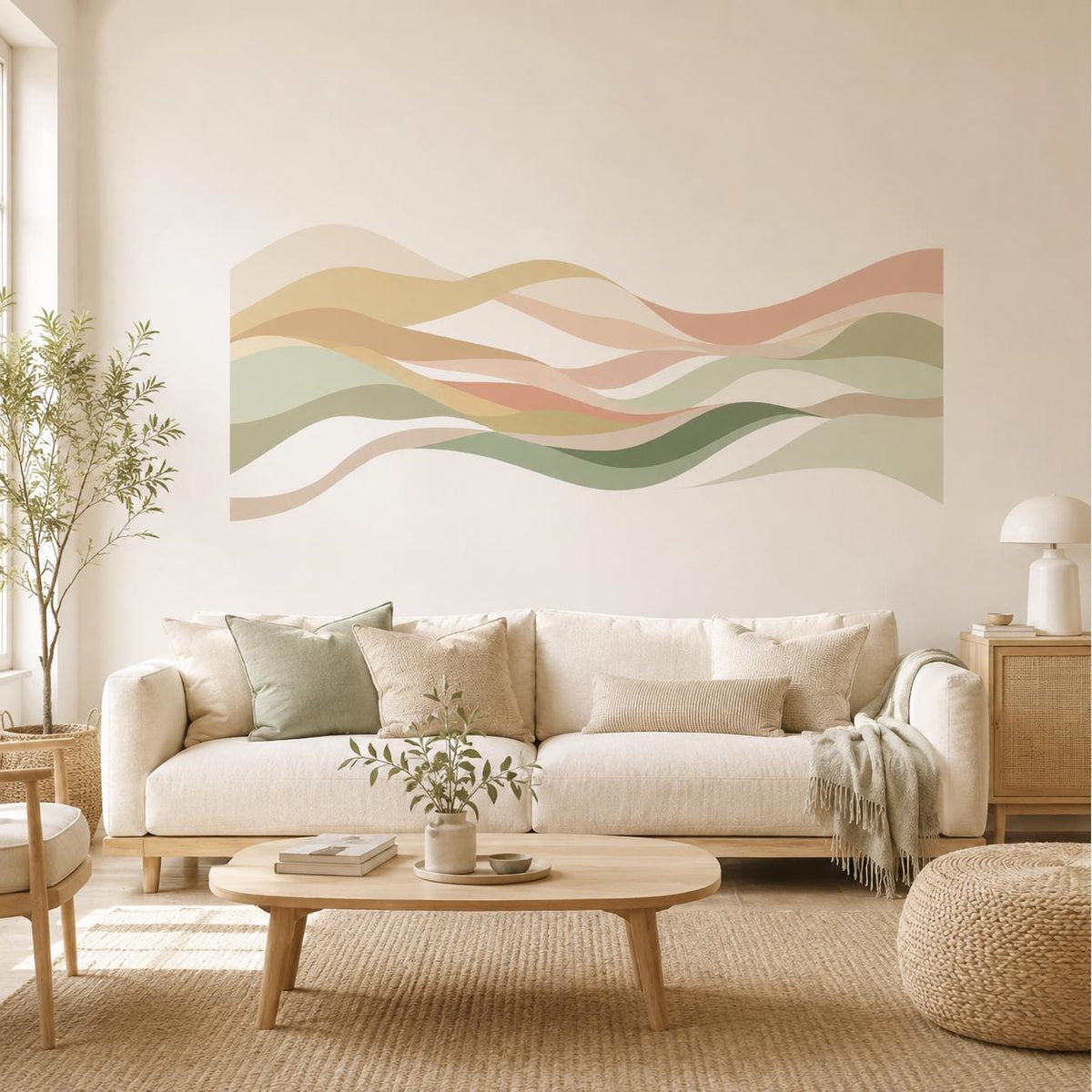 Sage green and terracotta wave wall sticker in a room setting.