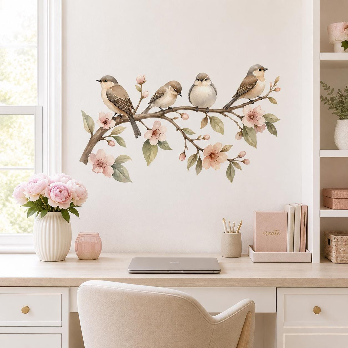 Additional product view of the watercolor birds on a branch wall decal.