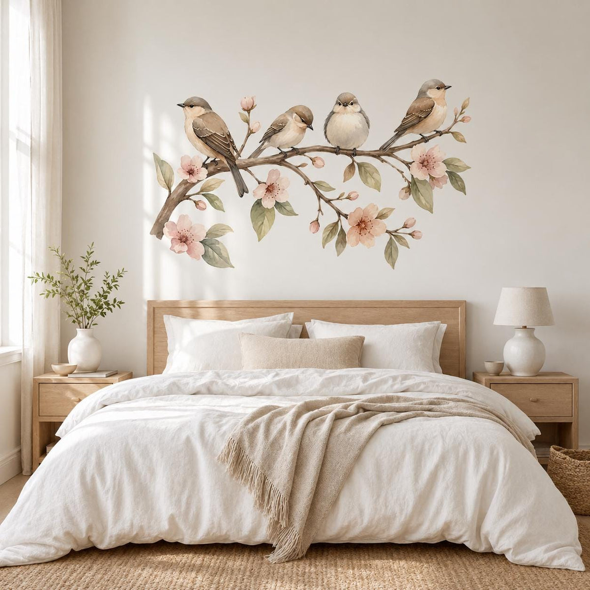 Product gallery view of the watercolor birds on a branch wall decal.