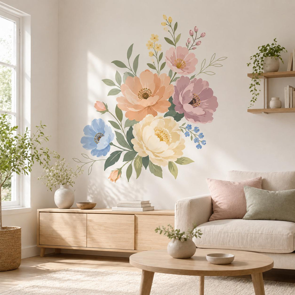 Pastel floral wall decal shown in a room setting.