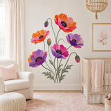Colorful poppy flower wall decal shown in a room setting.