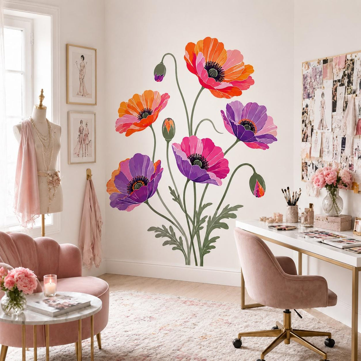 Additional product view of the colorful poppy flower wall decal.