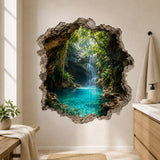 Tropical waterfall wall decal with a rocky cave and turquoise lagoon portal