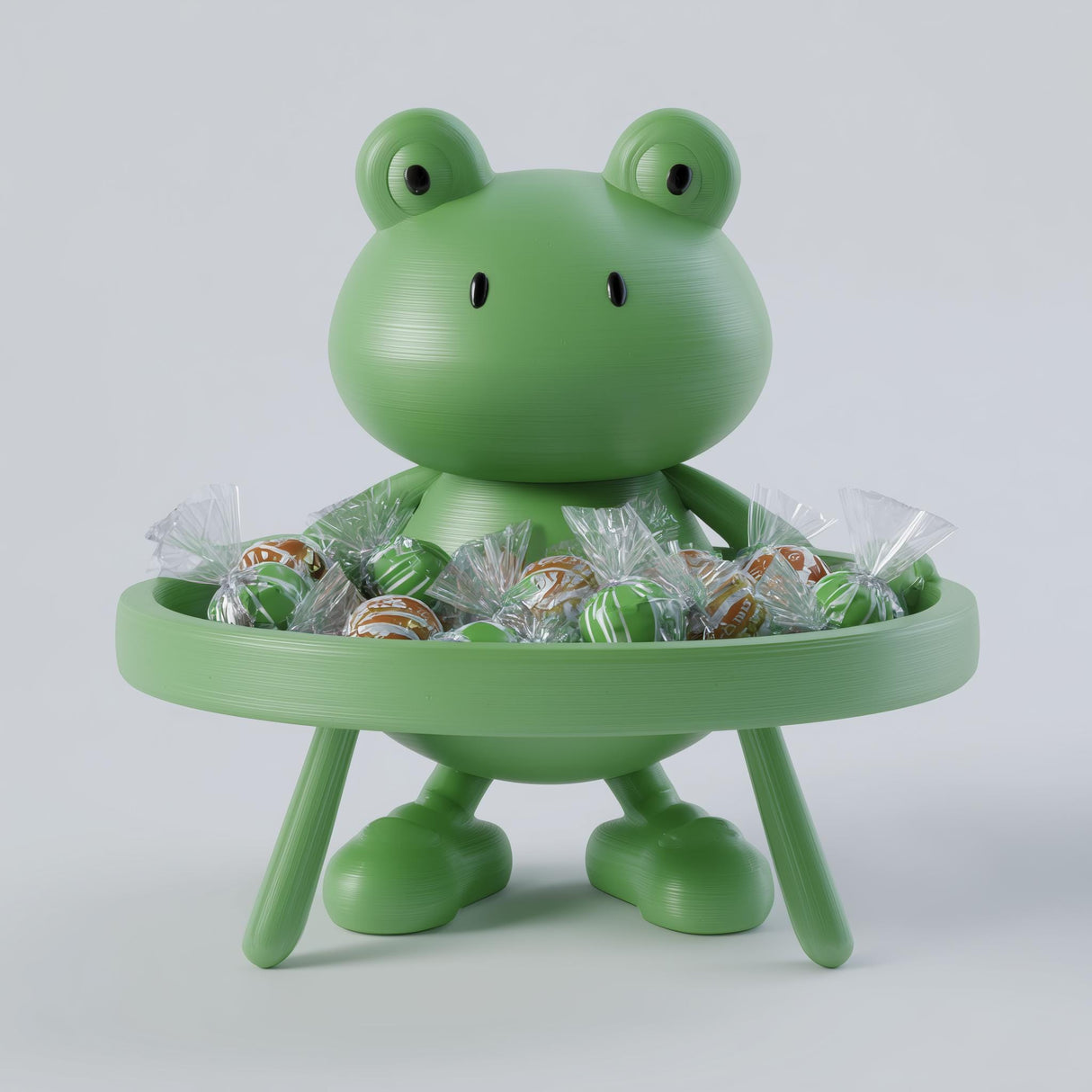 3D printed frog candy dish with round tray holding wrapped sweets