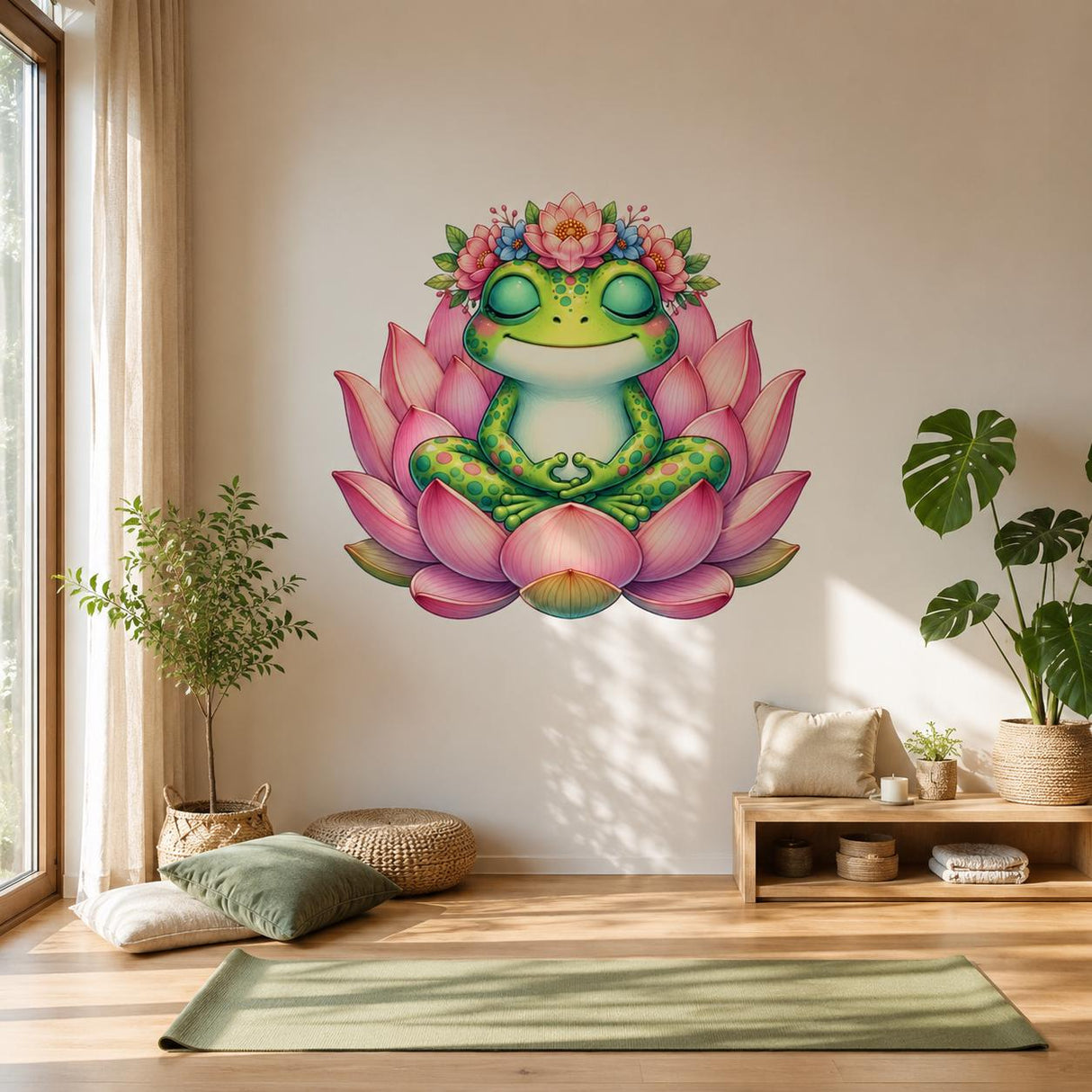 Additional product view of the meditating frog on a pink lotus wall decal.