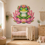 Meditating frog on a pink lotus wall decal shown in a room setting.