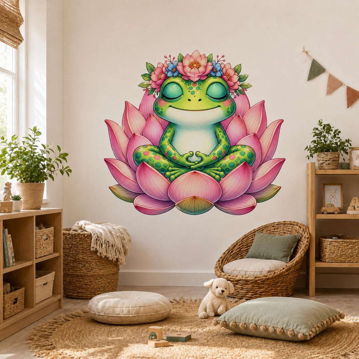Product gallery view of the meditating frog on a pink lotus wall decal.