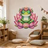 Product gallery view of the meditating frog on a pink lotus wall decal.