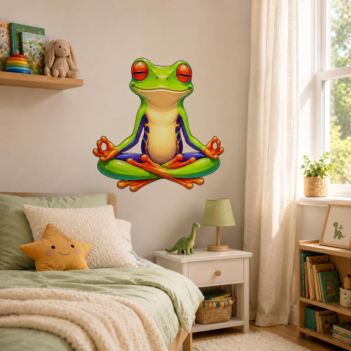 Product gallery view of the red-eyed meditating frog wall decal.