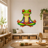 Red-eyed meditating frog wall decal shown in a room setting.