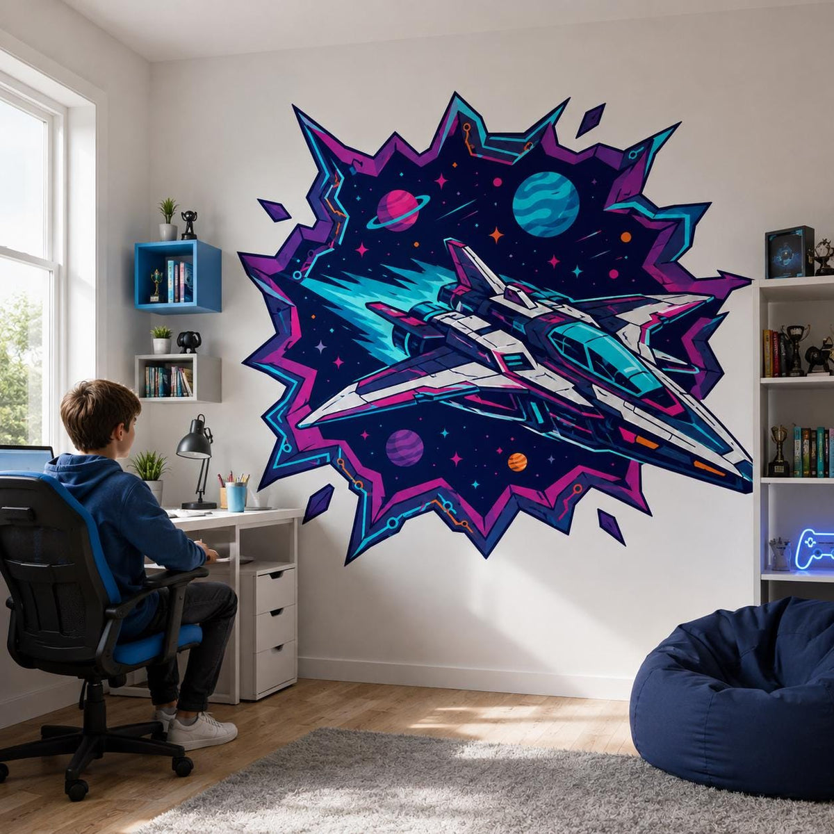 Additional product view of the neon sci-fi spaceship wall decal.