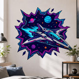 Neon sci-fi spaceship wall decal shown in a room setting.