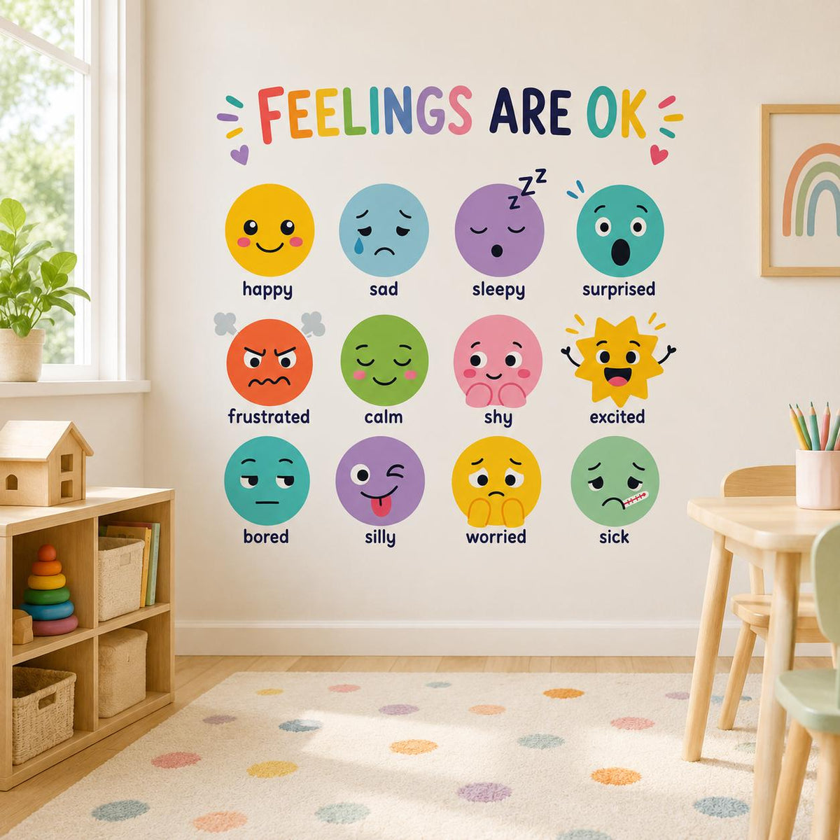 Kids feelings and emotions chart wall decal shown in a room setting.