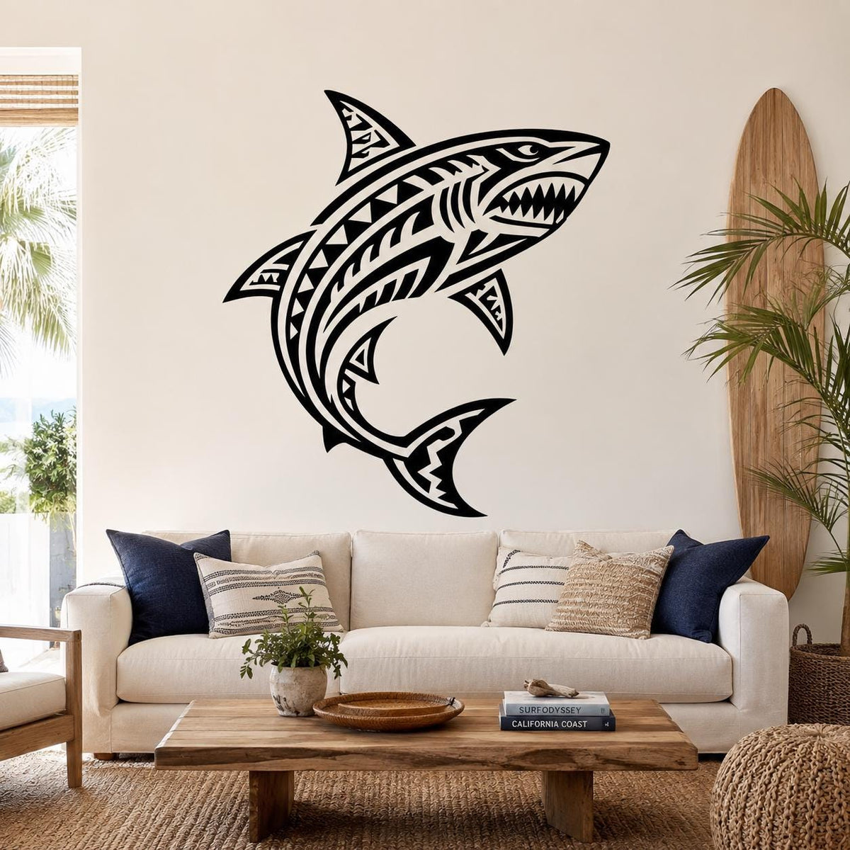 Black and white tribal shark decal in a room setting.
