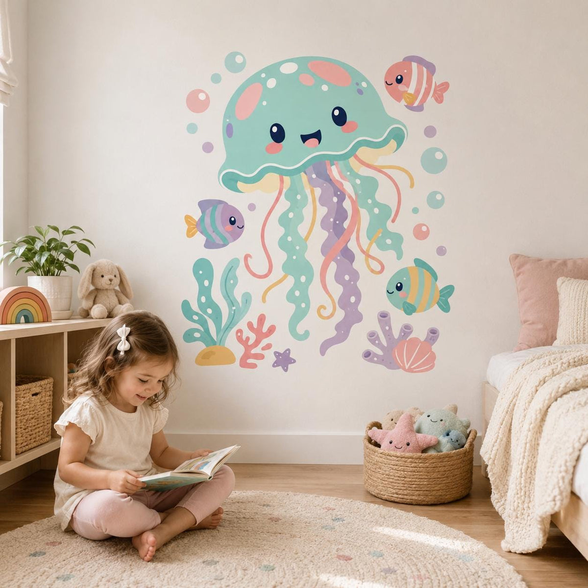 Product detail view of the cute pastel jellyfish wall decal.
