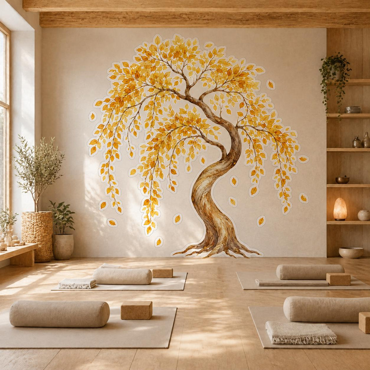 Watercolor autumn tree wall decal shown in a room setting.