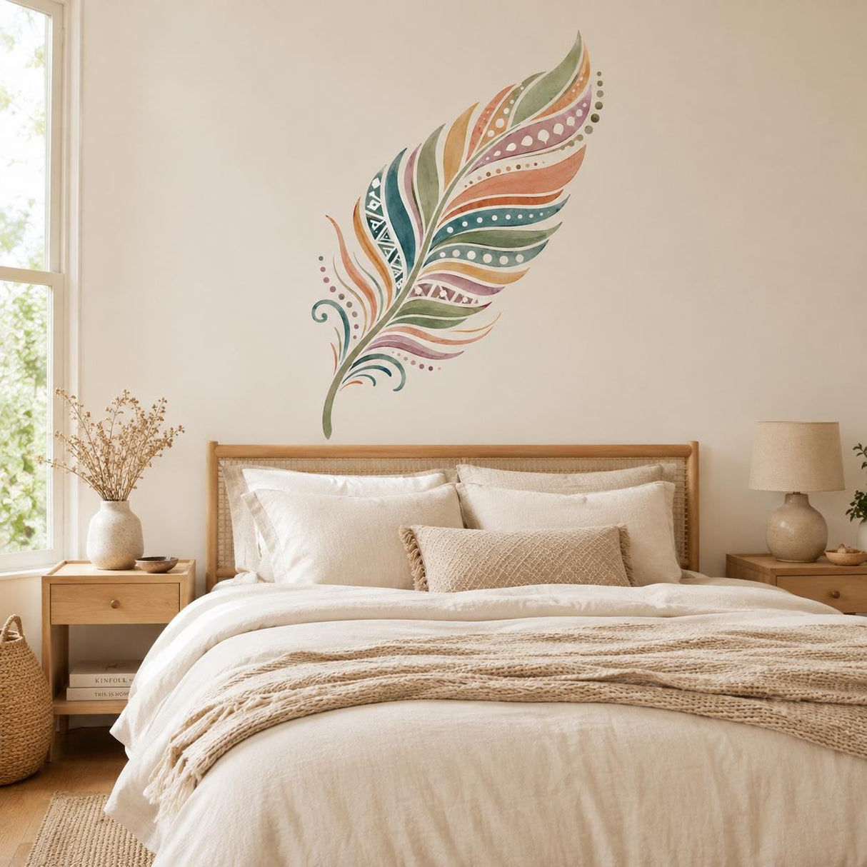 Additional product view of the watercolor boho feather wall decal.