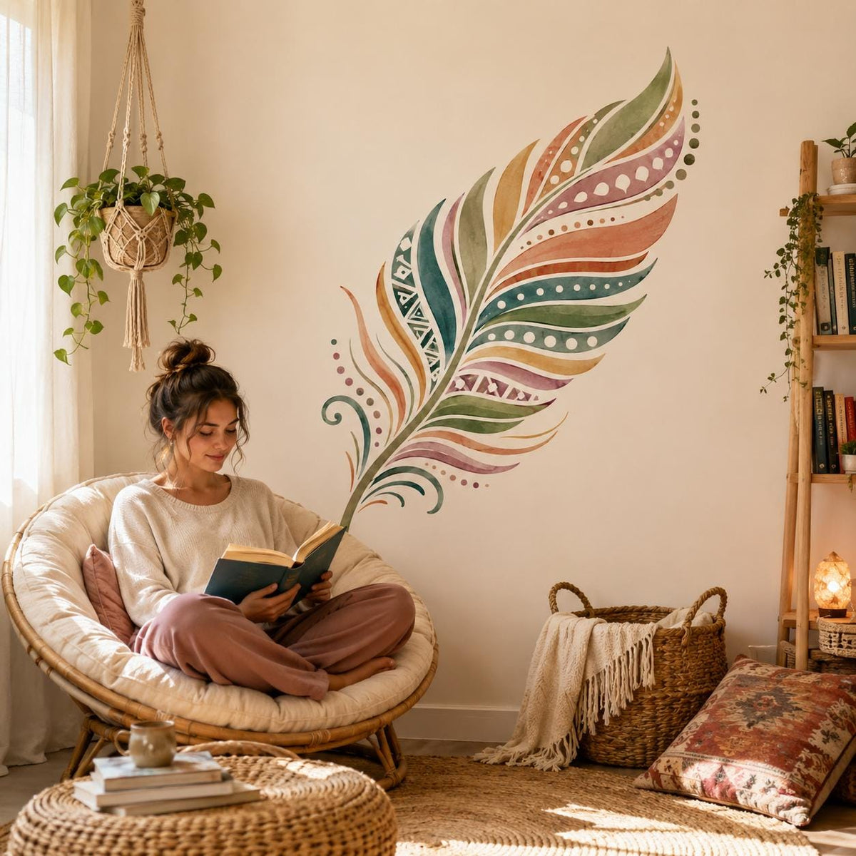 Product detail view of the watercolor boho feather wall decal.