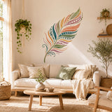 Watercolor boho feather wall decal shown in a room setting.