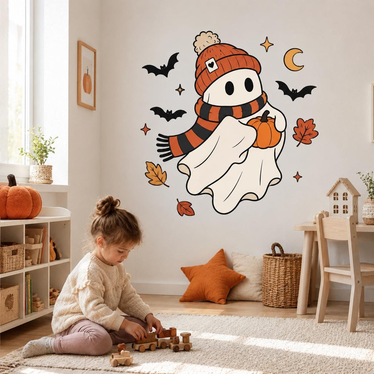 Product presentation view of the cute Halloween ghost and pumpkin wall decal.