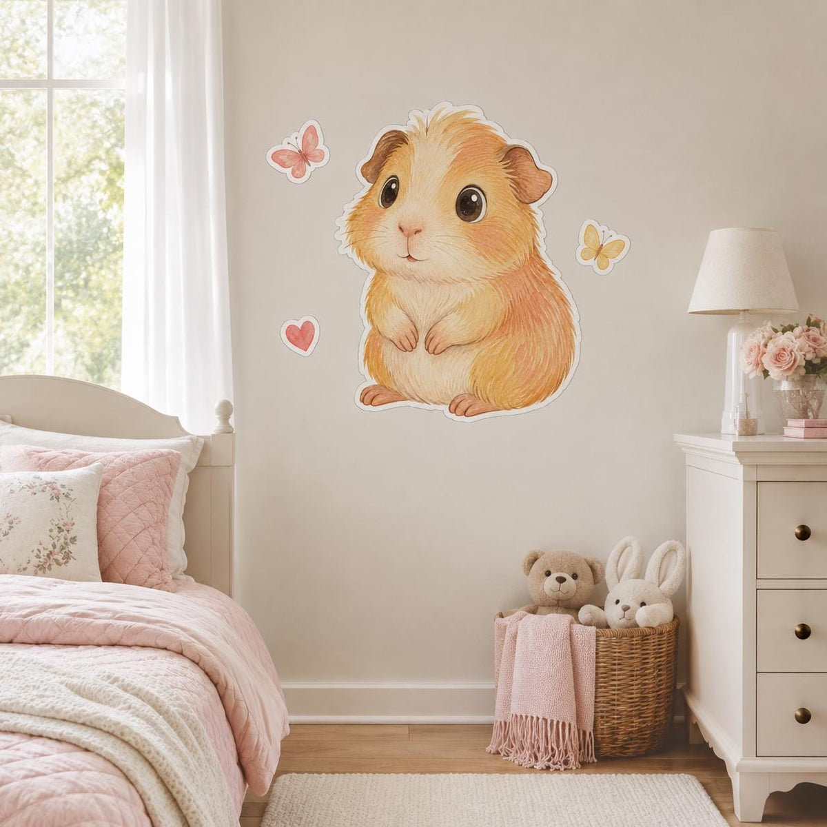 Cute guinea pig wall decal shown in a room setting.