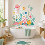 Under-the-sea wall decal with jellyfish, fish, coral, and pastel ocean details.