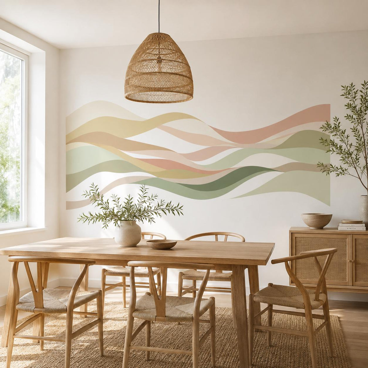 Abstract wave wall decal displayed in a neutral interior.