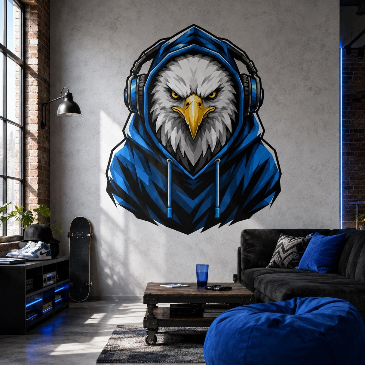 Bald eagle gamer wall decal shown in a room setting.