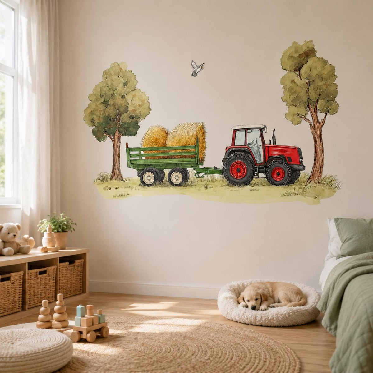 Watercolor red tractor wall decal displayed in an interior.