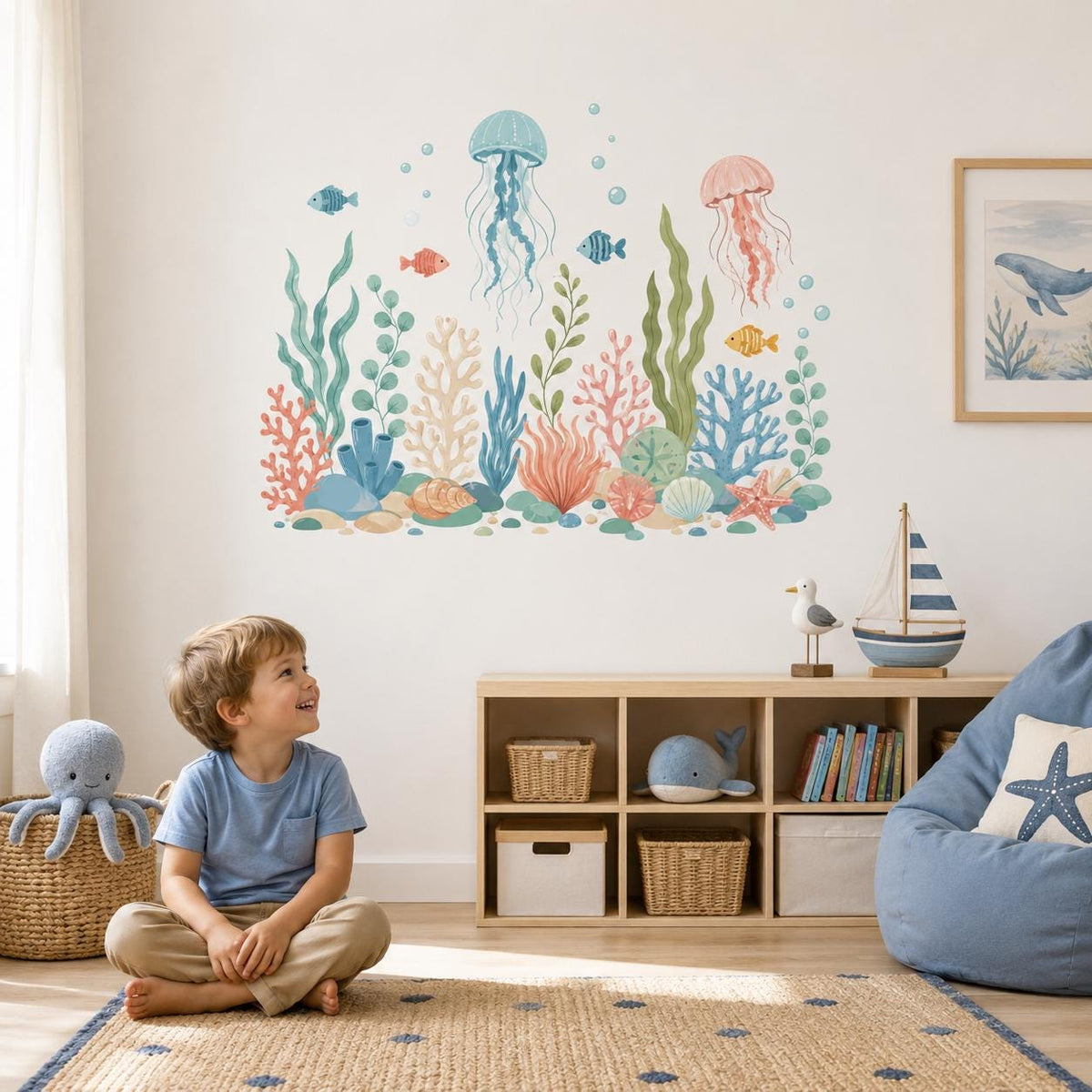Product detail view of the under-the-sea jellyfish and coral wall decal.
