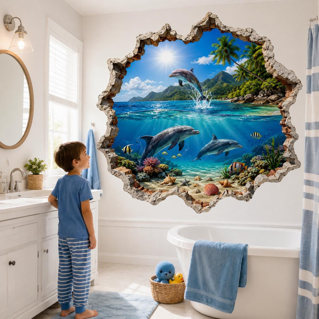 Additional product detail of the 3D tropical dolphin wall decal.