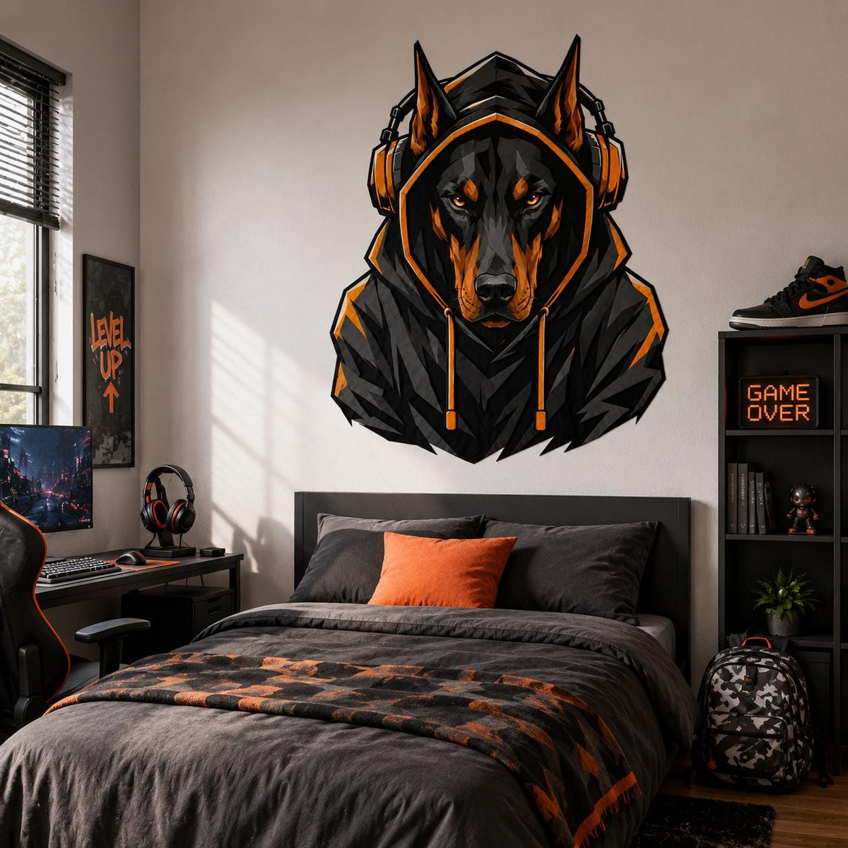 Alternate product view of the Doberman gamer wall decal.