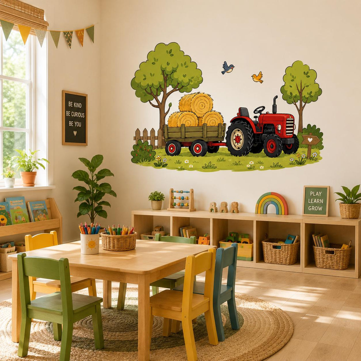 Product gallery view of the red tractor and hay trailer wall decal.