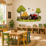 Product gallery view of the red tractor and hay trailer wall decal.