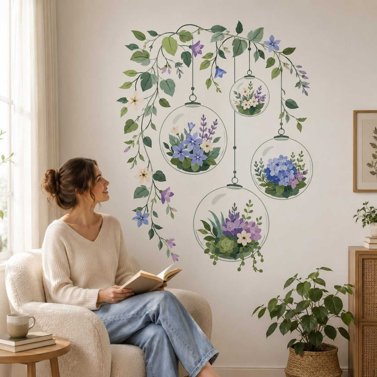 Hanging floral terrarium wall decal displayed in an interior.