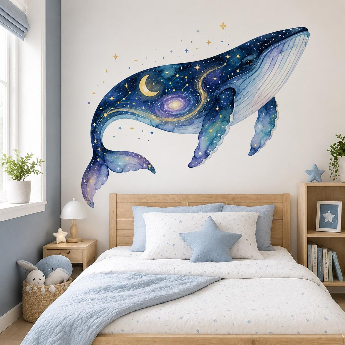Product gallery view of the celestial galaxy whale wall decal.