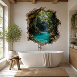 Tropical waterfall cave wall decal shown in a room setting.