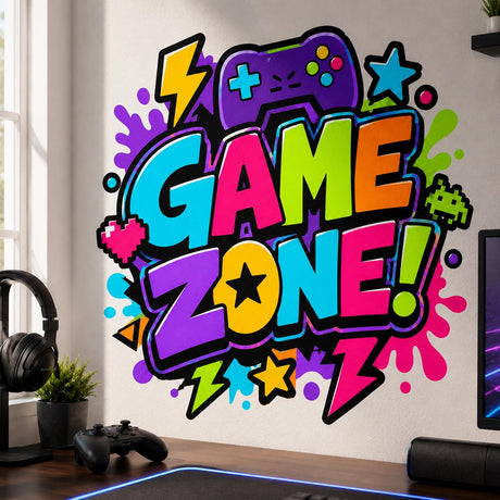 Цветная надпись Game Zone с контроллером, пиксельным сердцем и игровыми символами.