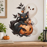 Black cat on an orange jack-o'-lantern, framed by twisting branches, a friendly cream ghost and an illustrated lantern.