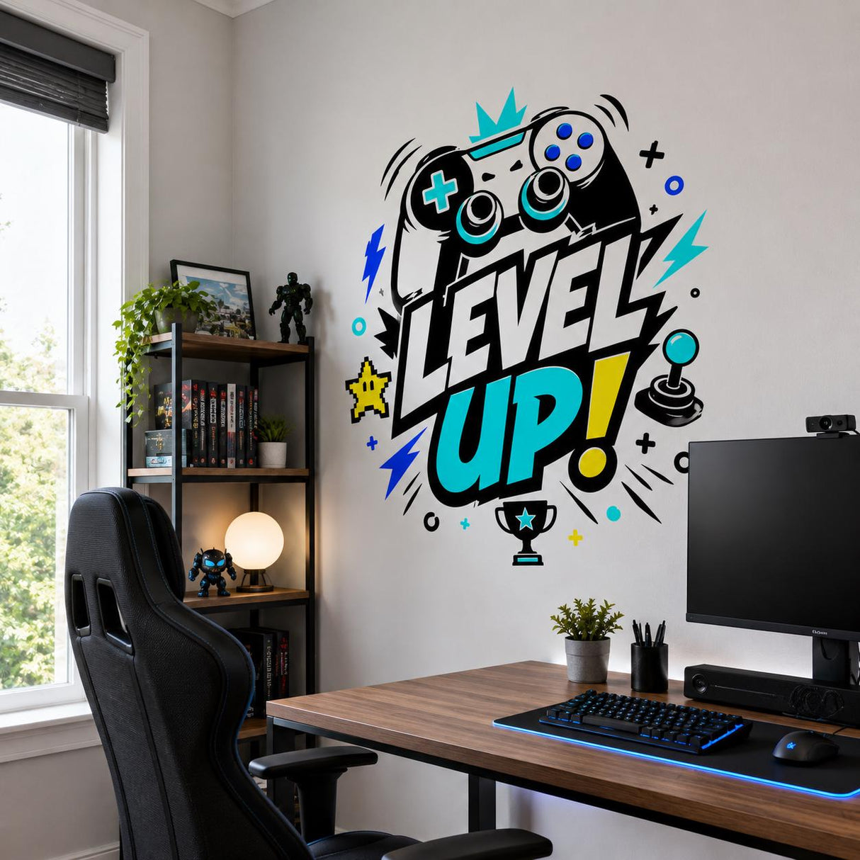 Additional product view of the controller and arcade wall decal.