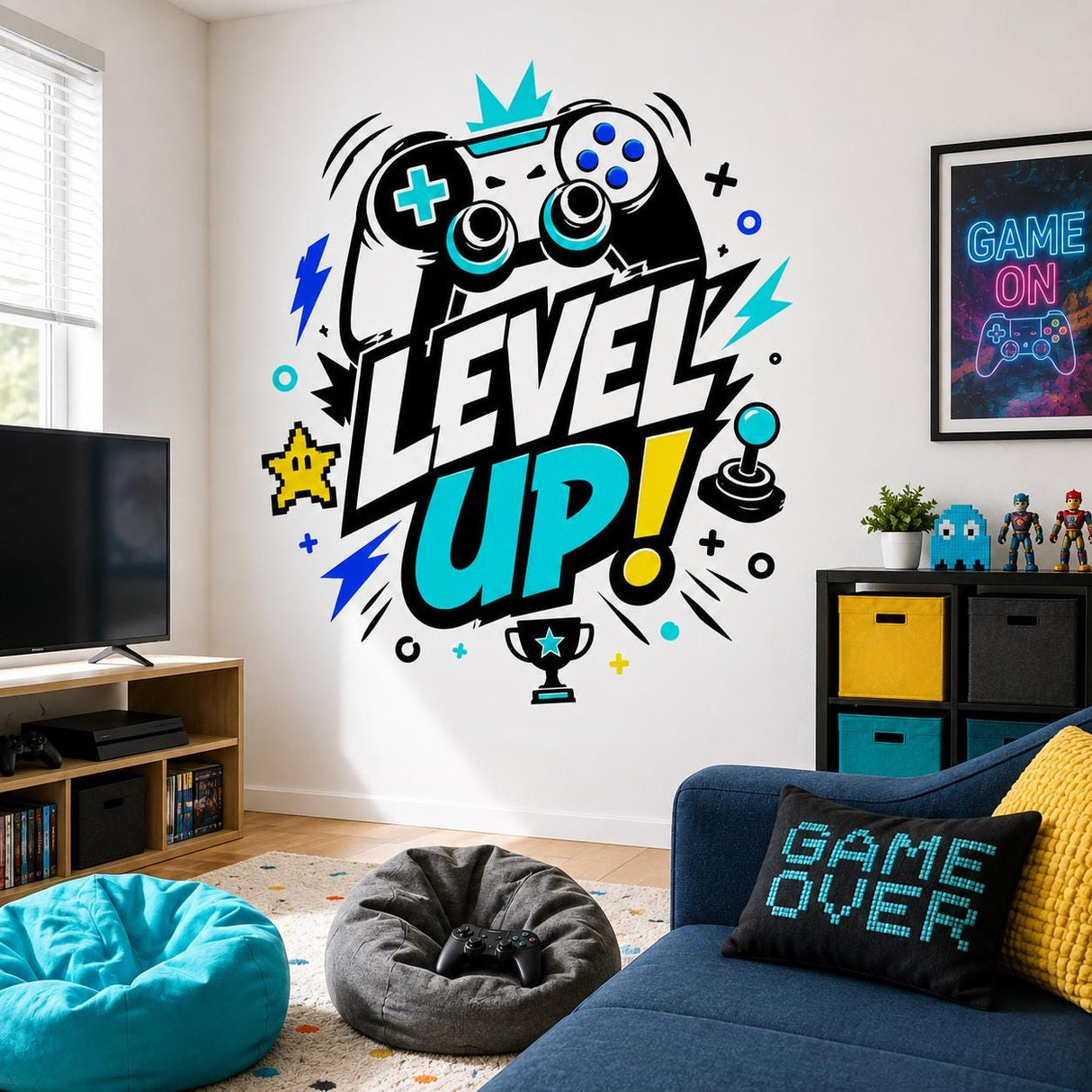 Level Up gaming wall decal shown in a gamer room setting.
