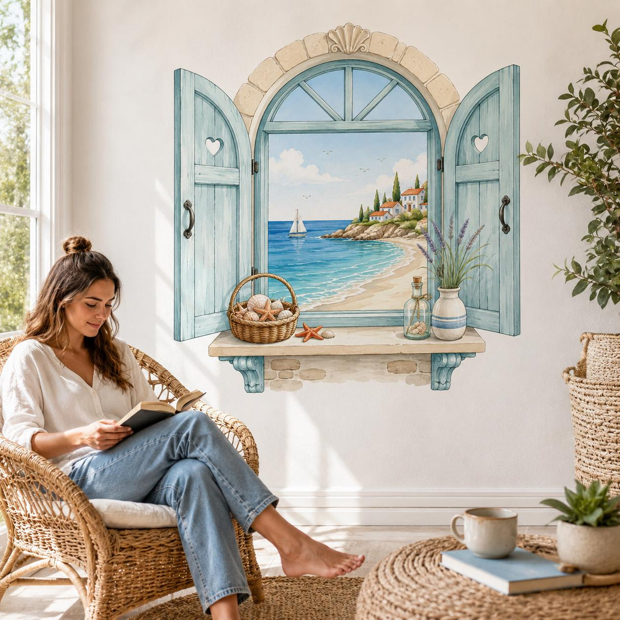 Product presentation view of the coastal Mediterranean window wall decal.