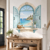 Coastal Mediterranean window wall decal shown in a room setting.