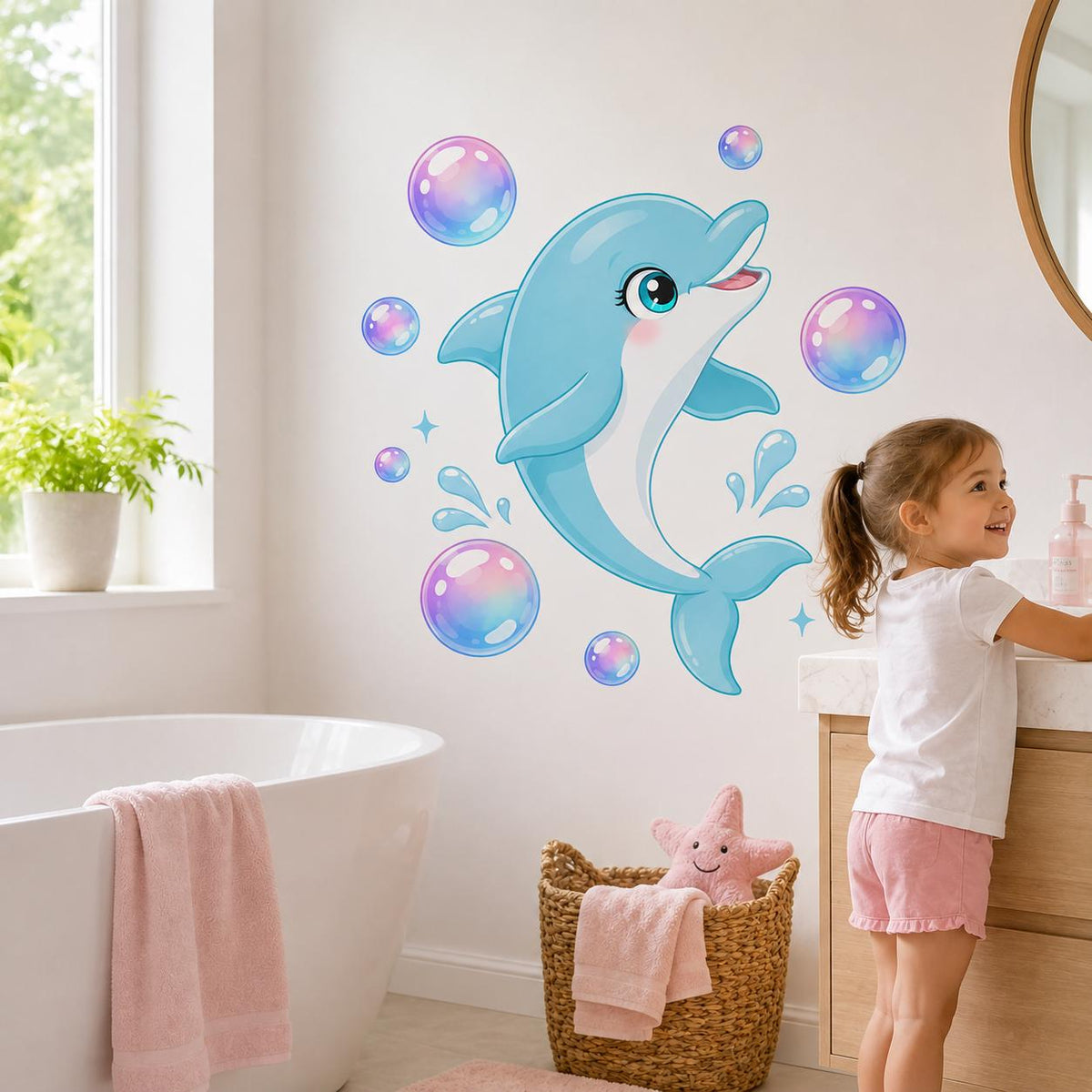 Product detail view of the cute dolphin wall decal.