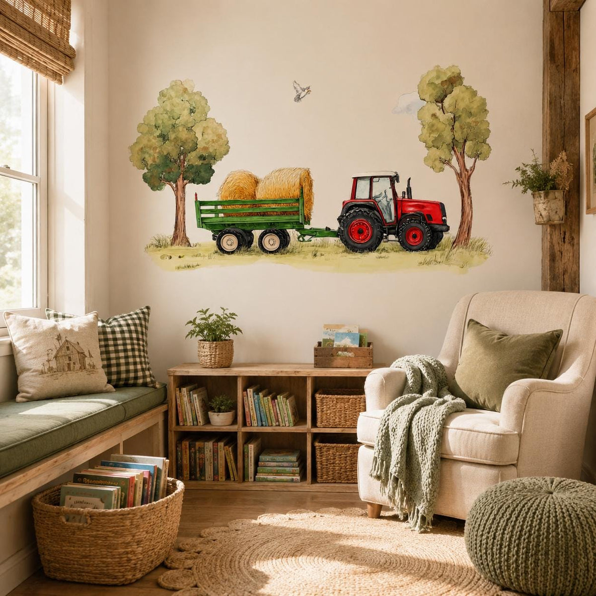 Alternate product view of the watercolor red tractor wall decal.