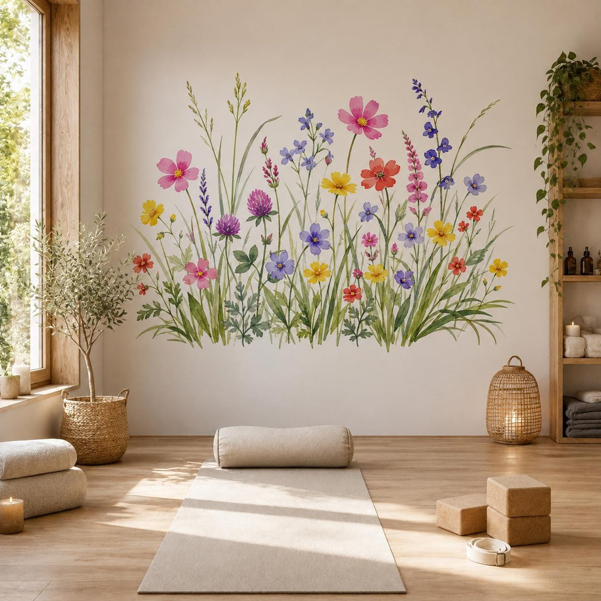 Product presentation view of the watercolor wildflower wall decal.