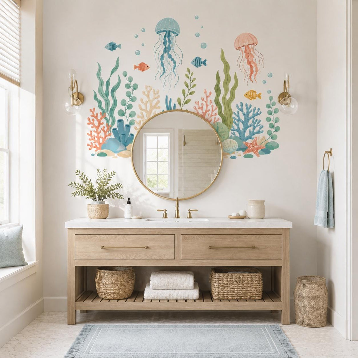 Under-the-sea jellyfish and coral wall decal shown in a room setting.