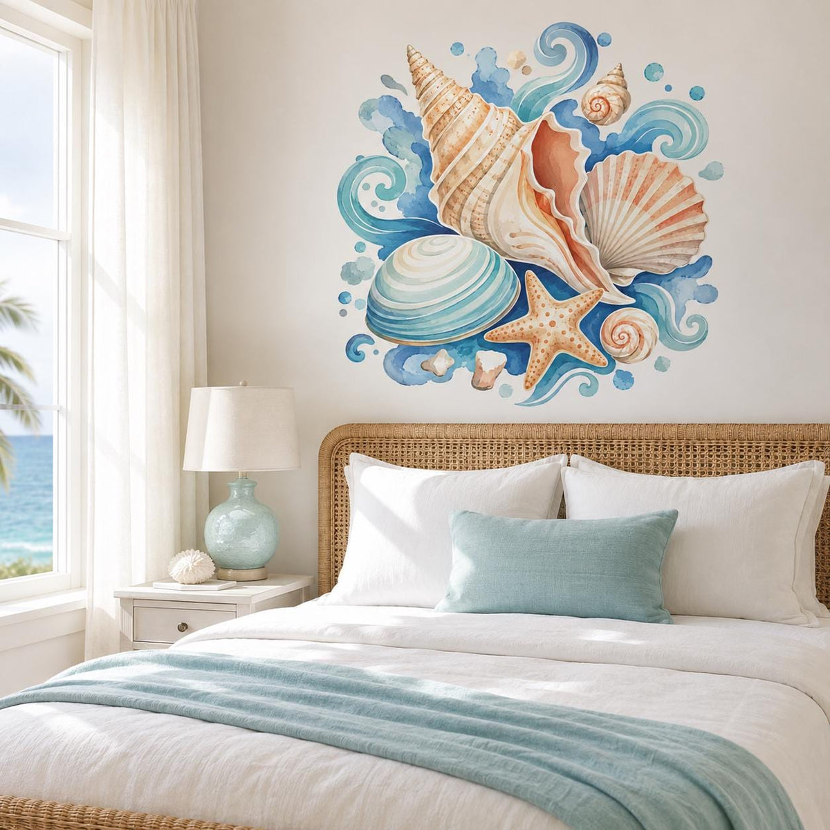 Watercolor seashell wall decal displayed in an interior.