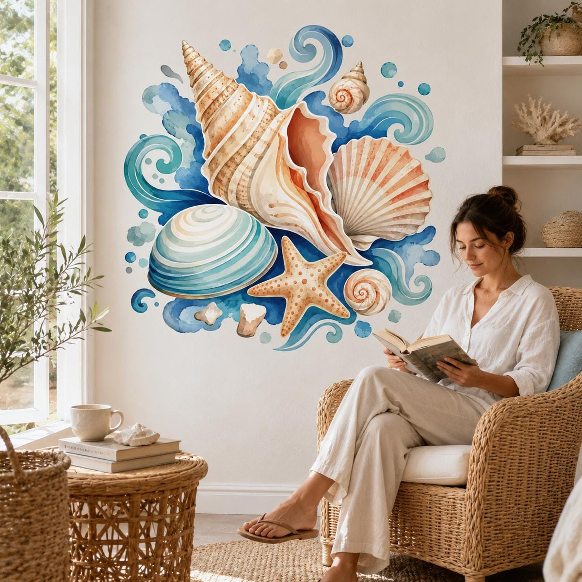 Alternate gallery view of the watercolor seashell wall decal.