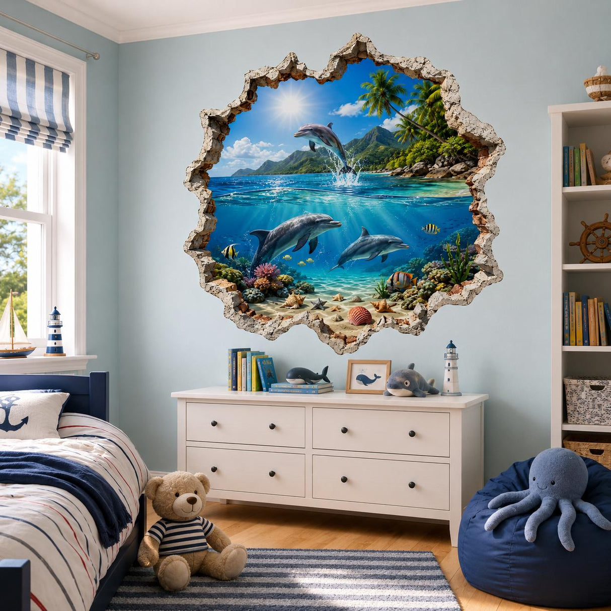 Alternate gallery view of the 3D tropical dolphin wall decal.